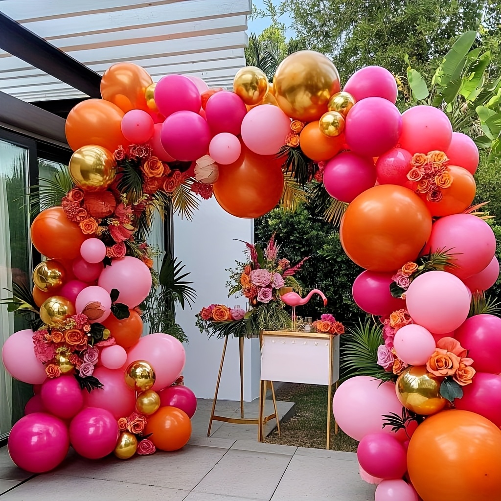 Orange Lighting Decor - ชุดลูกโป่งสีชมพูส้มสด 126 ชิ้น, ชุดลูกโป่งสีชมพูเข้ม ส้ม ทอง