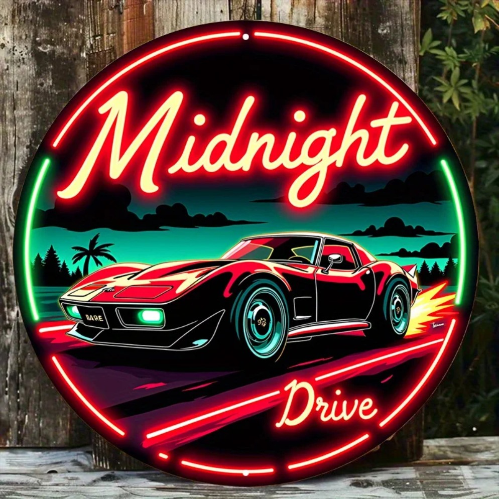 Lighting Decoration Ideas - ป้ายไฟนีออนวินเทจลายรถ Midnight Drive – ป้ายโลหะศิลปะ LED