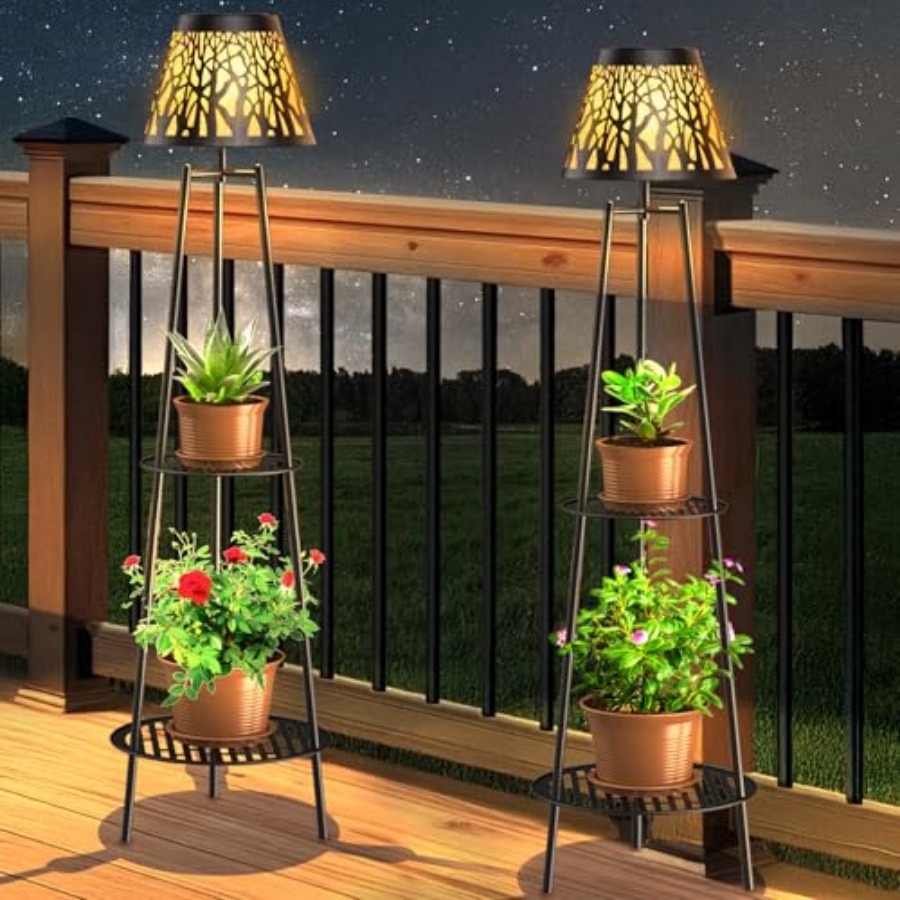 Decor Lighting Floor Lamps - โคมไฟตั้งพื้นพลังงานแสงอาทิตย์สำหรับกลางแจ้ง 2 ชิ้น พร้อมขาตั้งต้นไม้ ไฟสวนโลหะกันน้ำ พร้อมชั้นวาง