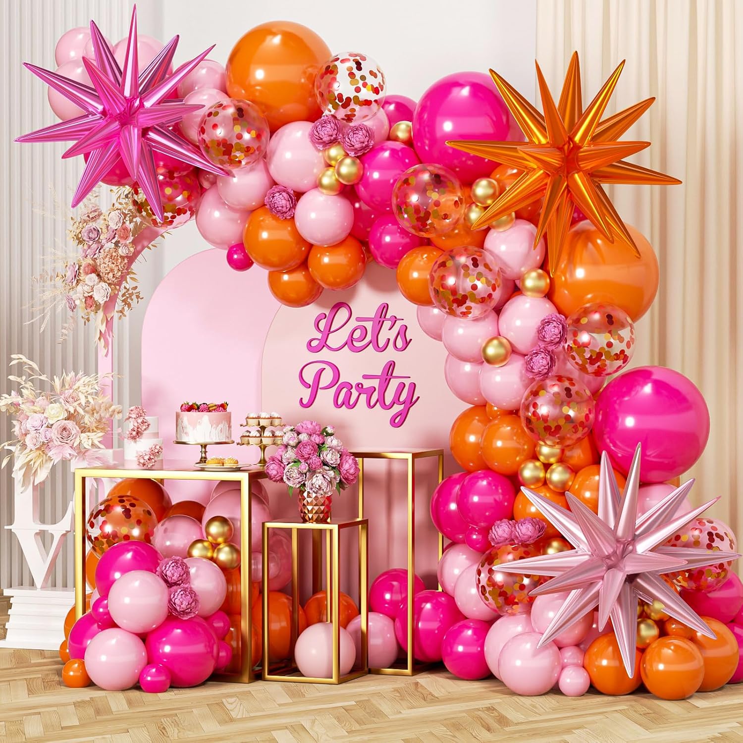 Orange Lighting Decor - ลูกโป่งสีชมพูสดใส สีส้ม สีทองเมทัลลิก และลูกโป่งคอนเฟตติ 89 ชิ้น