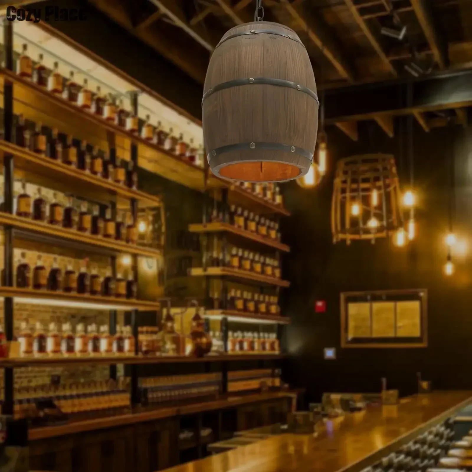 Vintage Lighting Decor - โคมไฟสไตล์ Rustic วินเทจ โคมไฟระย้าไม้ โคมไฟแขวนรูปถังไวน์ ของตกแต่งบ้าน